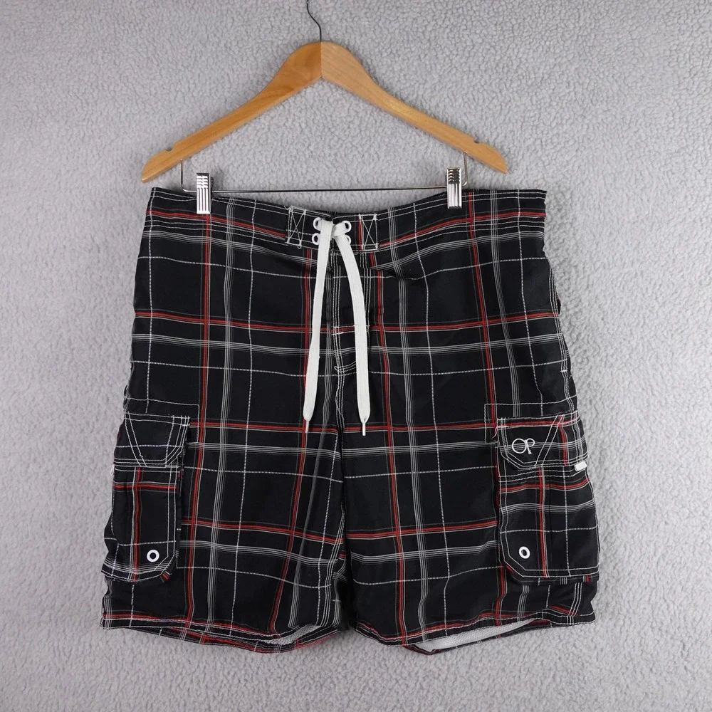 Ocean Pacific OP Mens Plaid Cargo Board Shorts Black Red White Size L 36-38